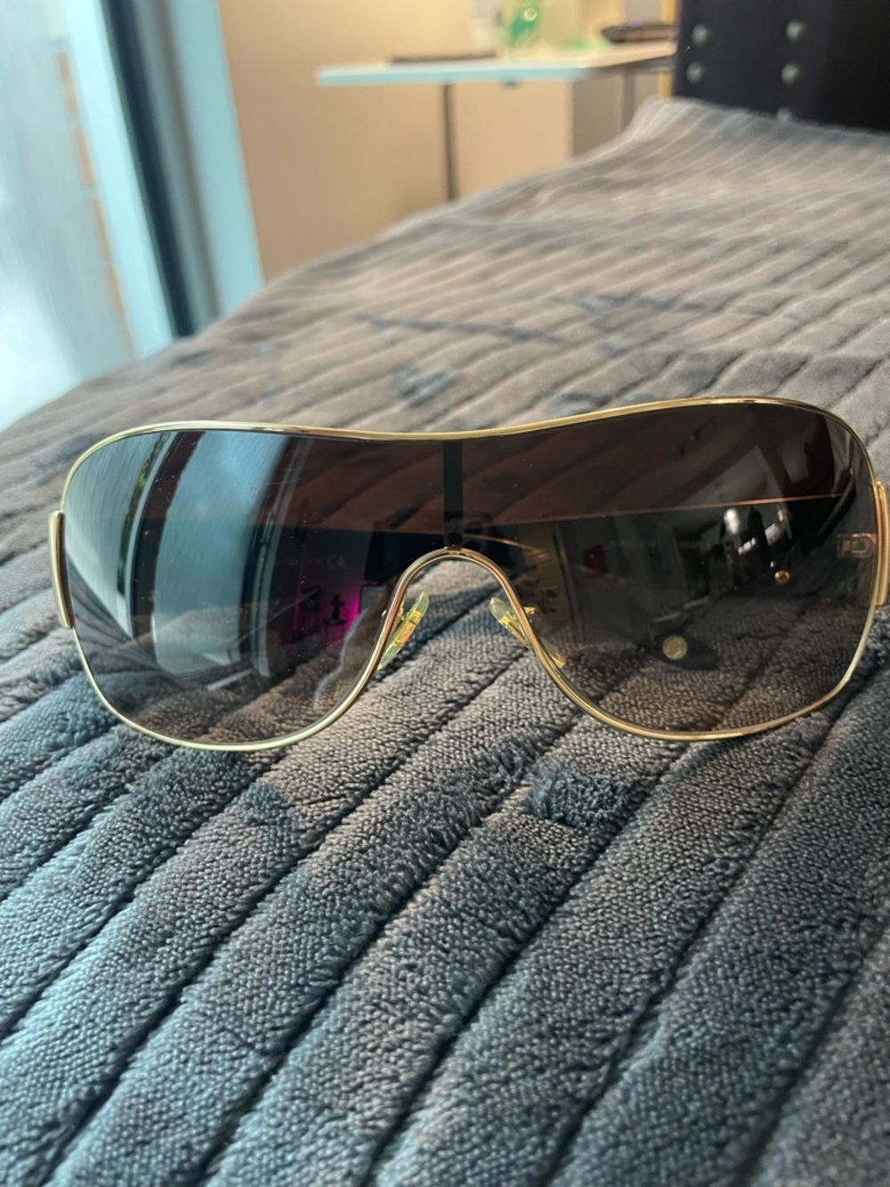 Versace Gold Frame Dark Smoke Shield Sunglasses